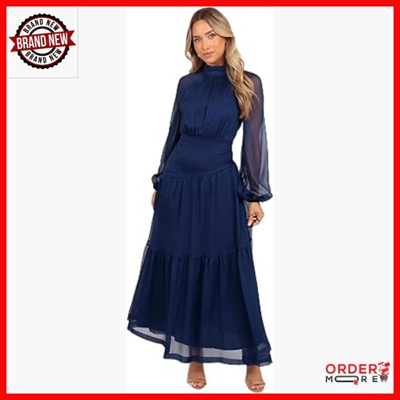 Sheer Long Sleeve Maxi Dress High Neck A-Line Formal Casual